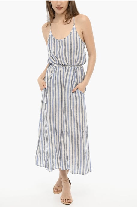 Awning Striped Linen Maxi Dress with Belt in Bianco, Blu - Image 1