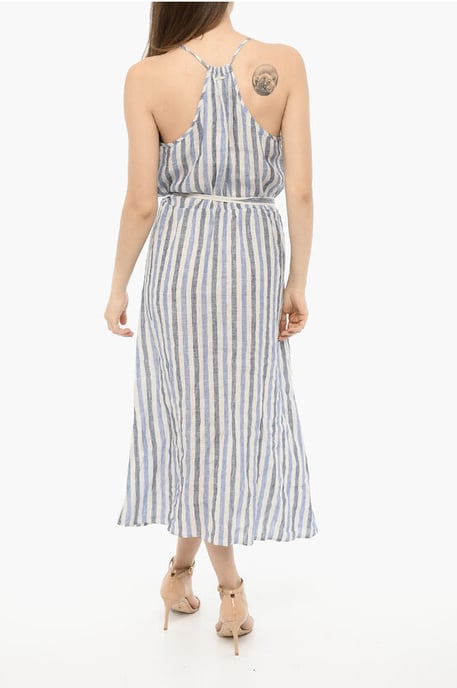 Awning Striped Linen Maxi Dress with Belt in Bianco, Blu - Image 2