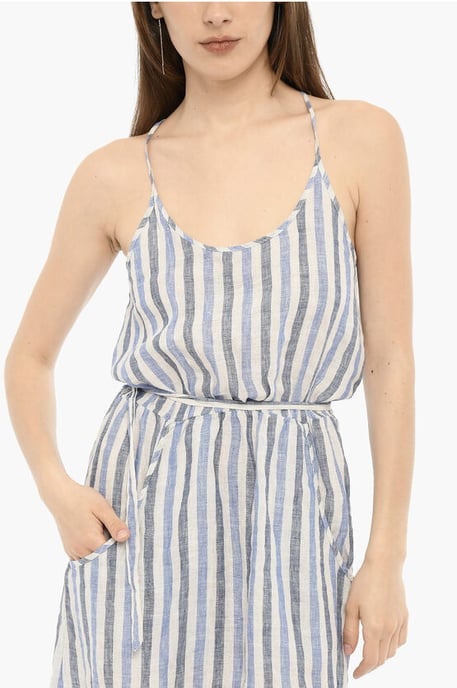 Awning Striped Linen Maxi Dress with Belt in Bianco, Blu - Image 3