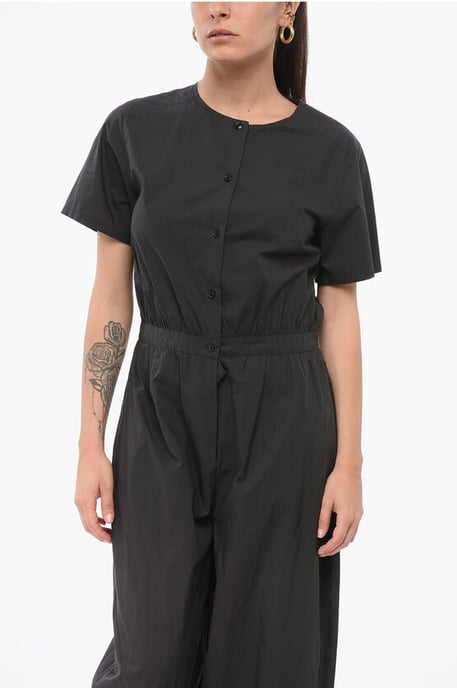 Short Sleeved Poplin Cotton Jumsuit in Black - Image 4