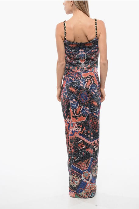 Sequined Dress With Chains And Deep Slit in Orange - Image 2
