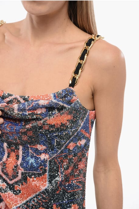 Sequined Dress With Chains And Deep Slit in Orange - Image 3