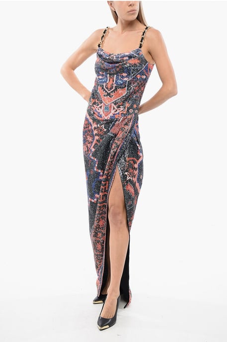 Sequined Dress With Chains And Deep Slit in Orange - Image 4