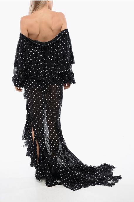 Fringed Dotted Off-the-shoulder Long Dress in Black - Image 2