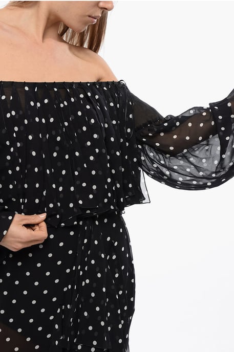 Fringed Dotted Off-the-shoulder Long Dress in Black - Image 3