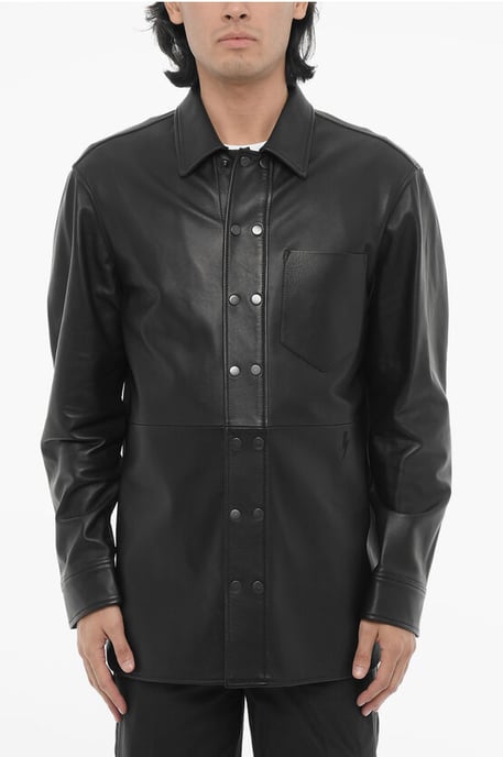 Leather and Cotton Overshirt with Front Buttoning in Black - Image 1