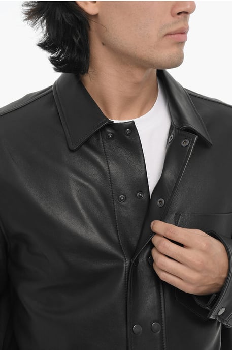 Leather and Cotton Overshirt with Front Buttoning in Black - Image 3