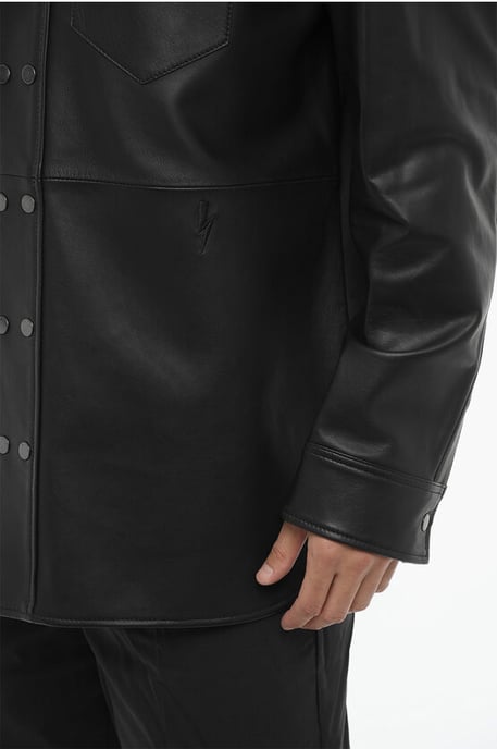 Leather and Cotton Overshirt with Front Buttoning in Black - Image 4