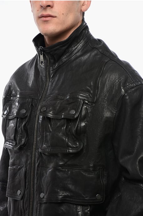 Multipocketed LOOSE WASHED Leather Jacket in Black - Image 3