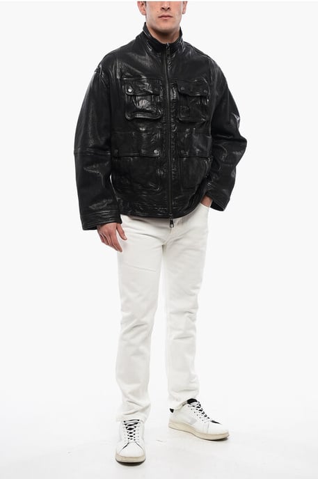 Multipocketed LOOSE WASHED Leather Jacket in Black - Image 4