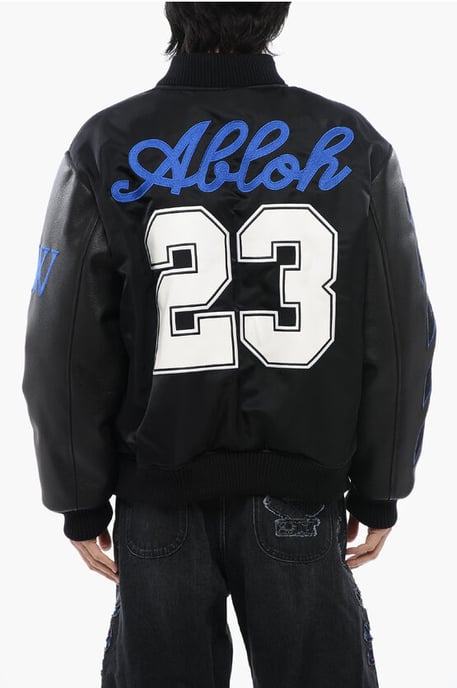 Leather Sleeved BASEBALL LEA Bomber Jacket with Logo Patch in Black - Image 2