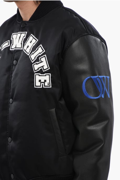 Leather Sleeved BASEBALL LEA Bomber Jacket with Logo Patch in Black - Image 3