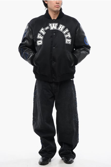 Leather Sleeved BASEBALL LEA Bomber Jacket with Logo Patch in Black - Image 4