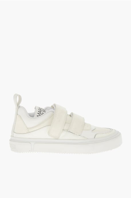 Suede Low Top Sneakers with Touch Strap Closure in White - Image 3