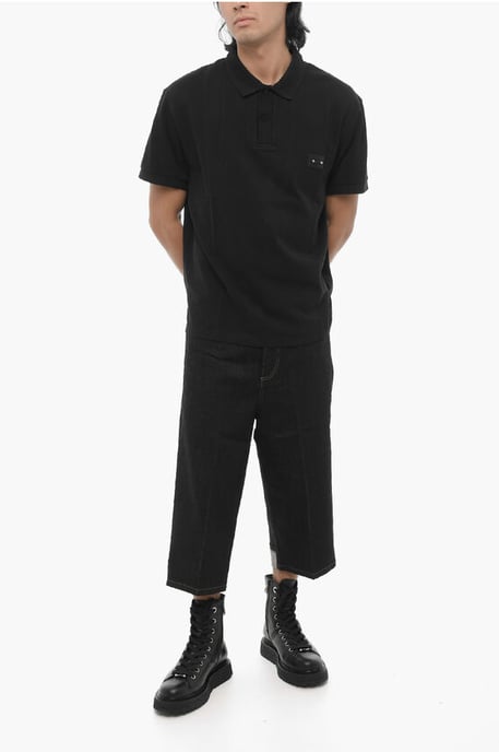 Loose Fit Two Buttons Polo Shirt with Piercing Detail in Black - Image 4