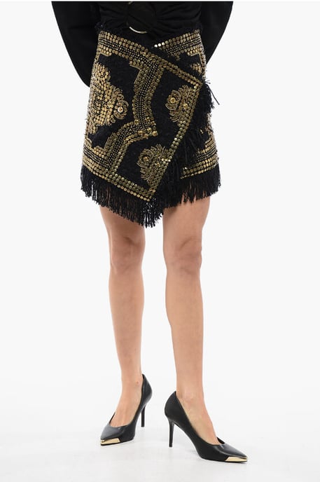 Fringed Wrapped Mini Skirt WIth Studs in Black - Image 1