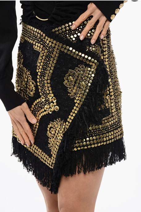 Fringed Wrapped Mini Skirt WIth Studs in Black - Image 3