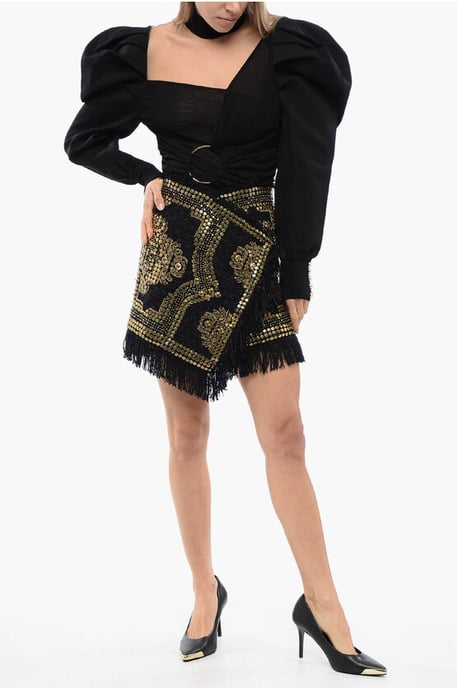 Fringed Wrapped Mini Skirt WIth Studs in Black - Image 4