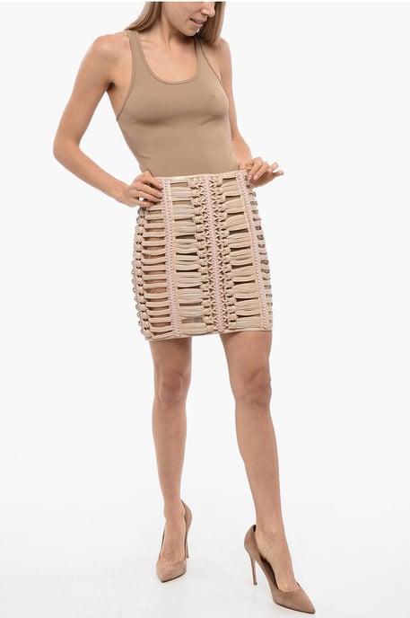 See-Through REVIVAL Woven Eco-leather Miniskirt in Pink - Image 4