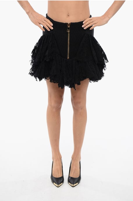 Lace Ruffled Miniskirt with Back Zip in Black - Image 1
