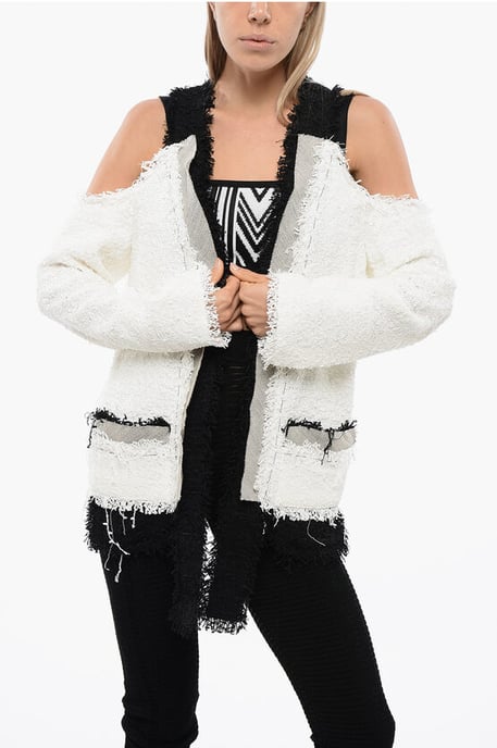 Tweed Cold-Shoulder Blazer with Contrasting Hems in Black & White - Image 1