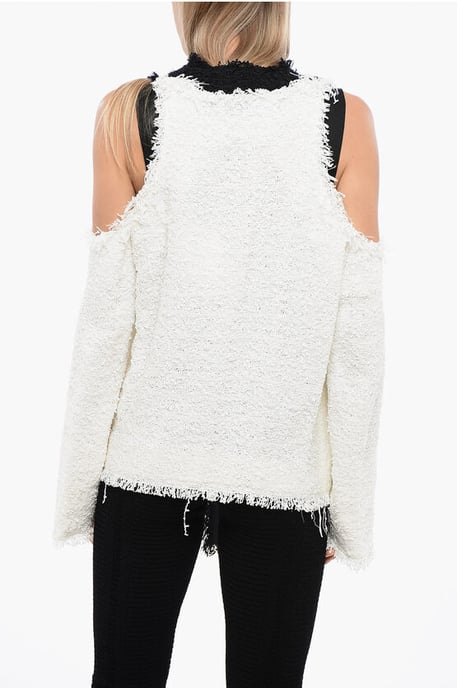 Tweed Cold-Shoulder Blazer with Contrasting Hems in Black & White - Image 2