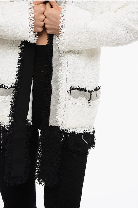 Tweed Cold-Shoulder Blazer with Contrasting Hems in Black & White - Image 3