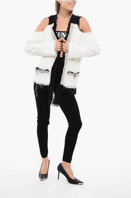 Tweed Cold-Shoulder Blazer with Contrasting Hems in Black & White - Image 4