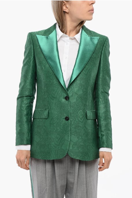 Embroidered RANBU Blazer with Peak Lapel in Green - Image 1