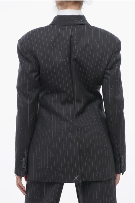 Pinstriped Virgin Wool Blend Slim Fit Blazer in Gray - Image 2