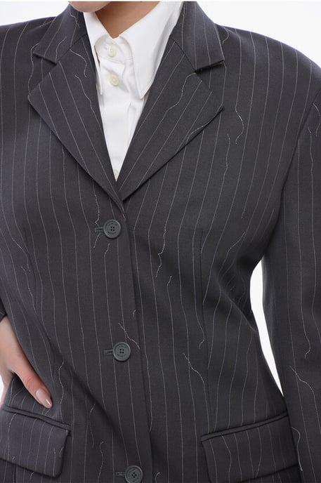 Pinstriped Virgin Wool Blend Slim Fit Blazer in Gray - Image 3
