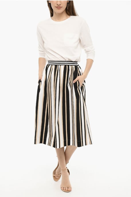 Flared Pencil Striped SCULLY Longuette Skirt in Beige, Bianco e Nero - Image 4
