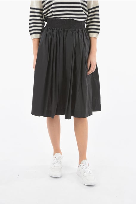 Drawstring Waist Popeline Cotton Flared Skirt in Black - Image 1