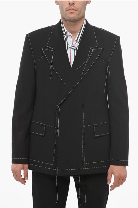Double-breasted Wool Blend Blazer with Visible Stitchings in Black - Image 1