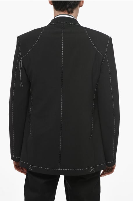 Double-breasted Wool Blend Blazer with Visible Stitchings in Black - Image 2