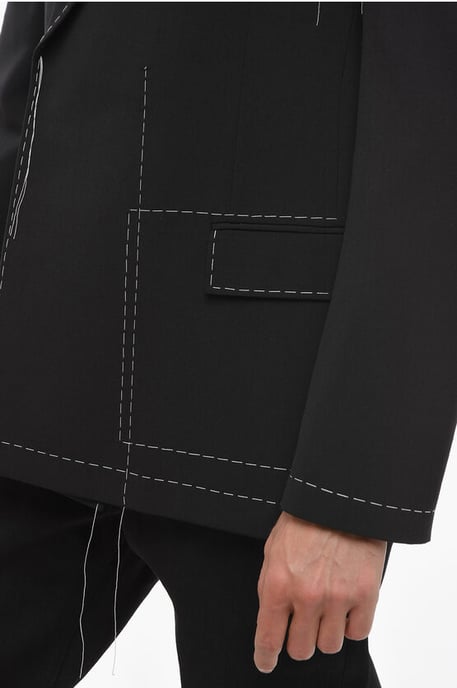 Double-breasted Wool Blend Blazer with Visible Stitchings in Black - Image 3