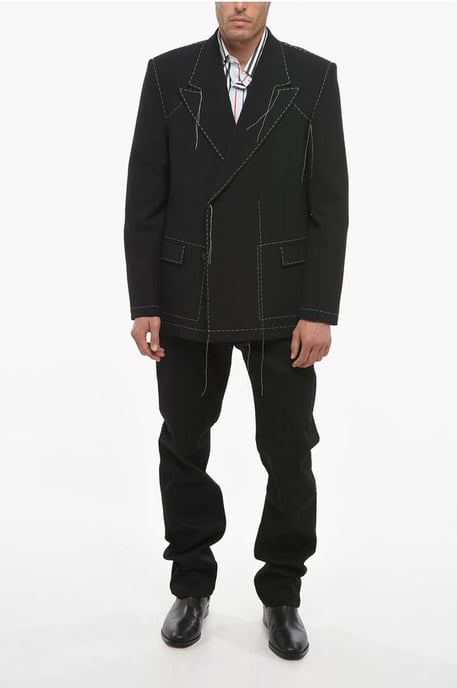 Double-breasted Wool Blend Blazer with Visible Stitchings in Black - Image 4