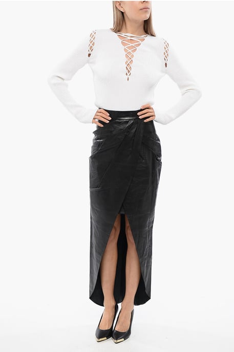 Leather Wrapped Midi Skirt in Black - Image 4