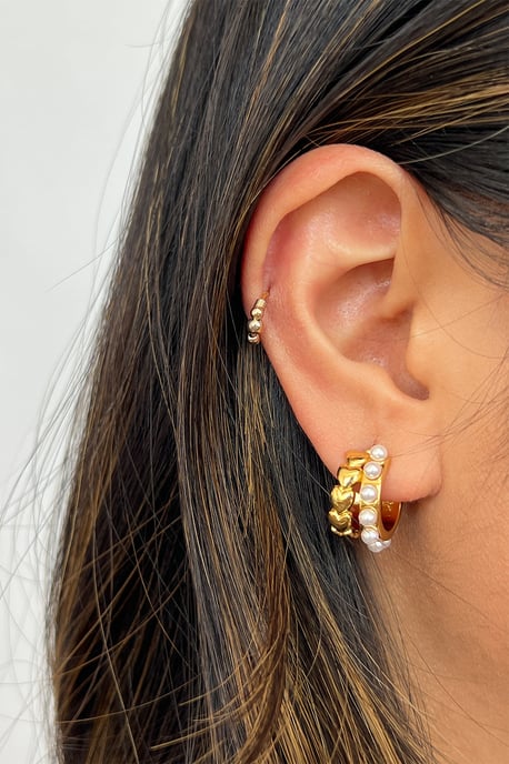 Double Heart Pearl Huggie Earrings - Image 4