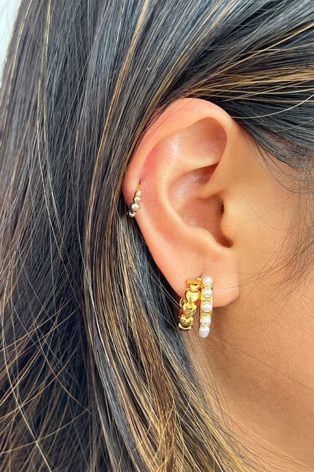 Double Heart Pearl Huggie Earrings - Image 5