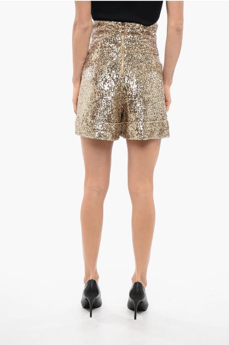Double-pleated High-waisted Sequined Shorts in Gold - Image 2