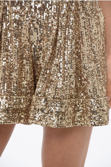 Double-pleated High-waisted Sequined Shorts in Gold - Image 3