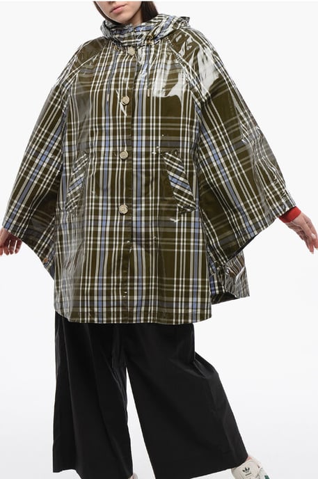 Plaid Check Nylon HAWTHORN Hooded Cape in Military Green - Image 1