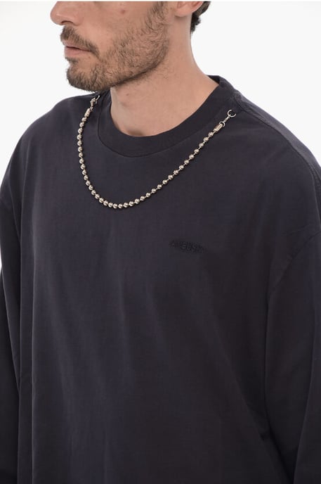 Long Sleeved Crew-neck T-Shirt with Silver-Tone Chain in Blue - Image 3