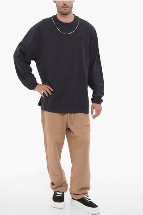 Long Sleeved Crew-neck T-Shirt with Silver-Tone Chain in Blue - Image 4