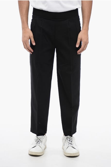 Tapered Fit Linen Blend Pants with Double Pleat in Black - Image 1