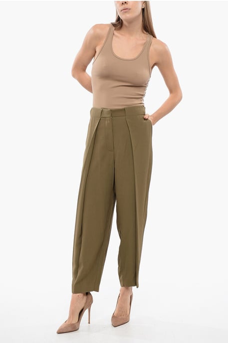 Enkelvoudig geplooide viscose taps toelopende broek in militairgroen - Image 4