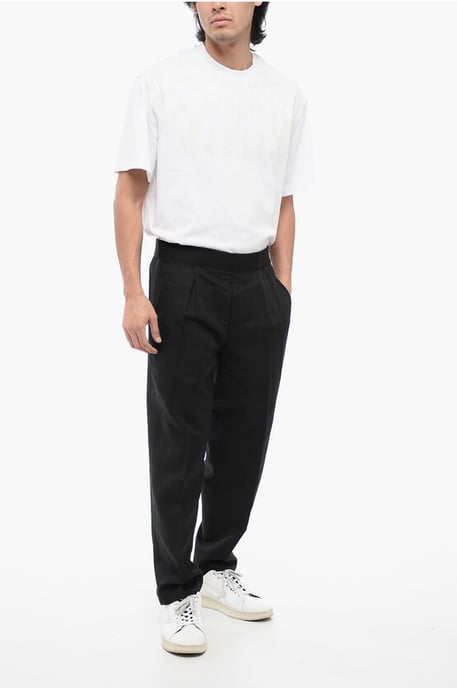 Tapered Fit Linen Blend Pants with Double Pleat in Black - Image 4