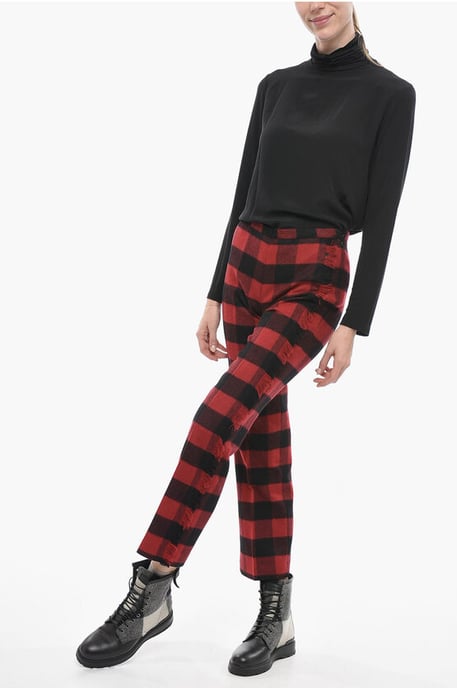 Stretch Wool Pants with Check Pattern in Nero, Rosso - Image 4