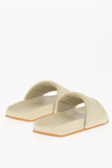 Solid Color Leather Slides in Beige - Image 2